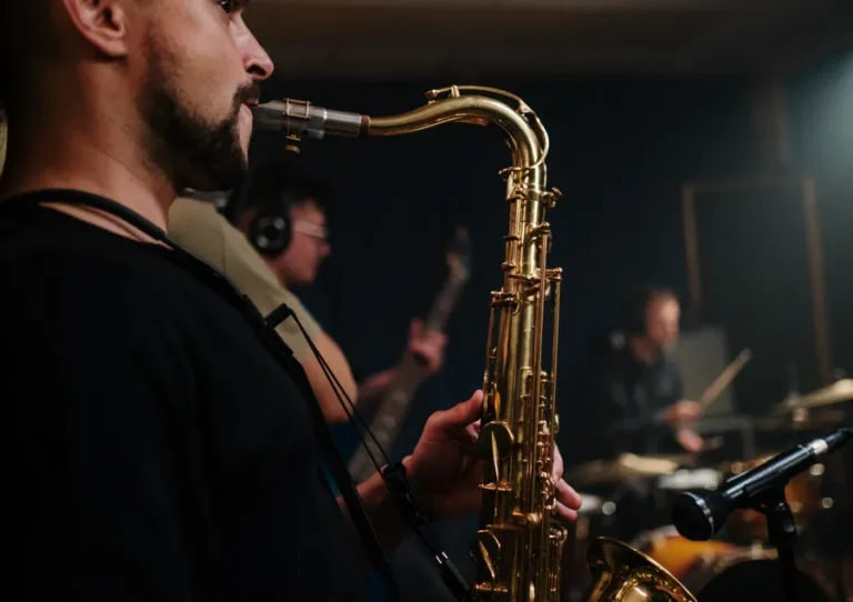Saxofonist speelt op een goudkleurige saxofoon